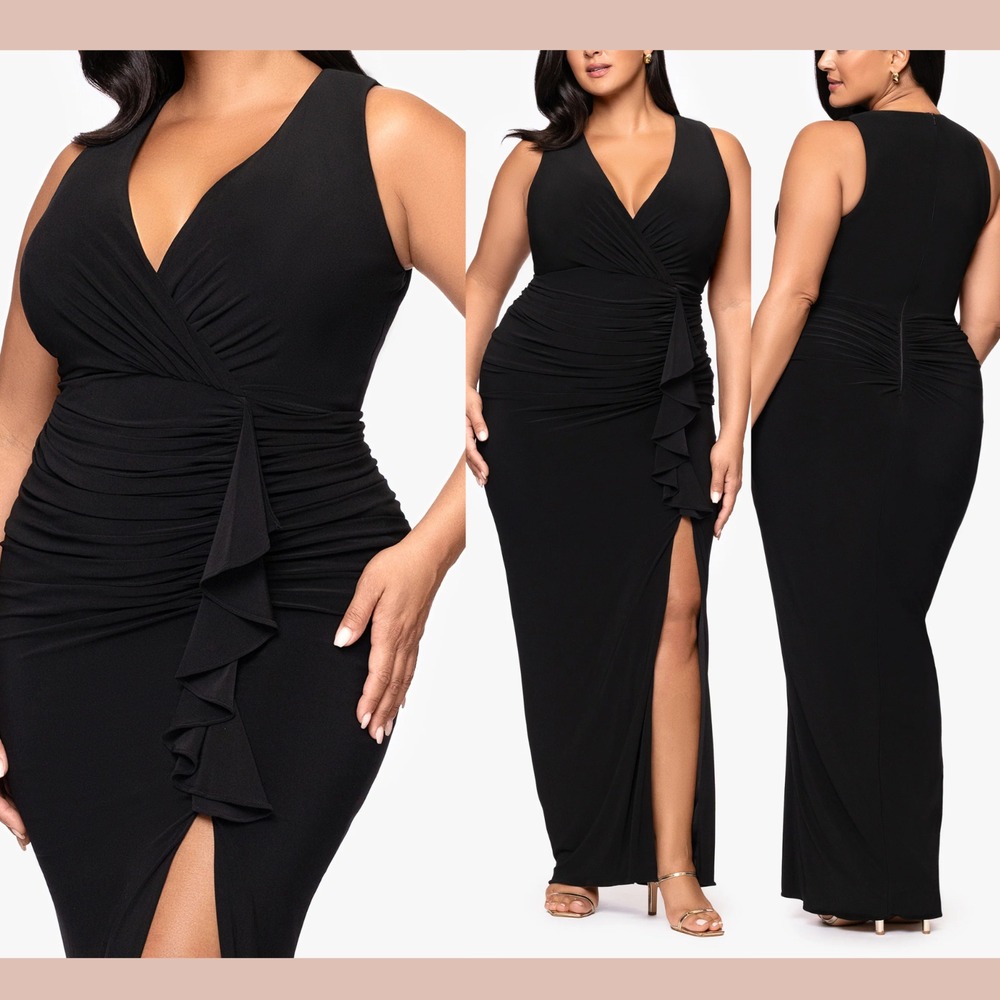 NWT $209 Betsy & Adam [ 16W ] Bobbi V-Neck Ruched Ruffle Column Gown Black S2084